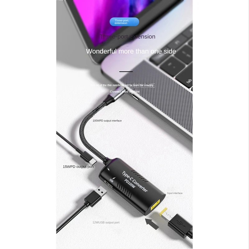 Cabo adaptador multifuncional fêmea para tipo C, suporte PD3.0 100W para adaptador de conversão DC de energia para laptop