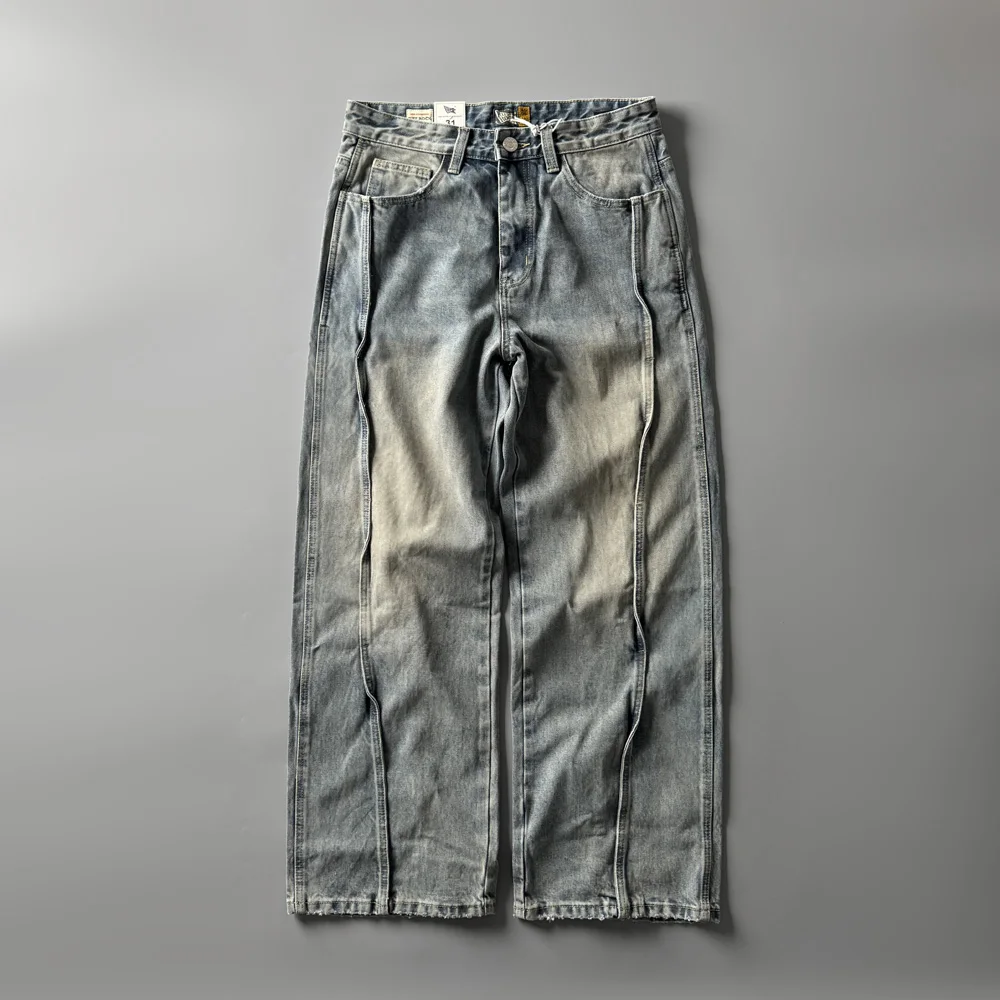 

J40 Extended Thiened Indigo Dyed Heavy Street Vintage Wide Leg Jeans Waed Loose Straight Cut Wear Resistant Trendy