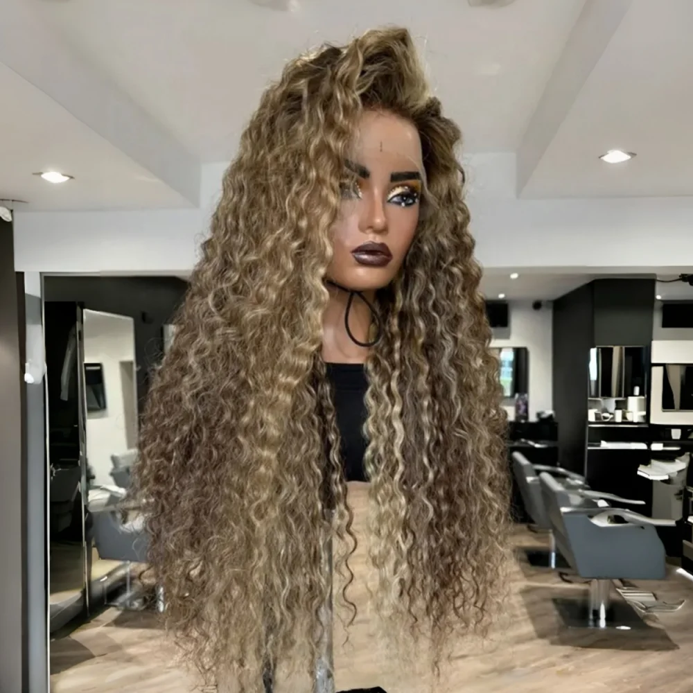 

26-дюймовые парики с эффектом хайлайт, плотность 180%, мягкие кудрявые, с кружевной передней частью 13*4*1, для женщин, с детским волосом, из синтетического волокна, для повседневного ношения