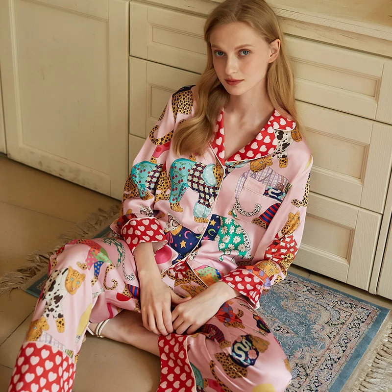 Spring Autumn Female Pajamas Set Novelty Print Flower Sleepwear Long Sleeve Shirt&Pant Pijamas Suit Loose Silky Satin Home Wear