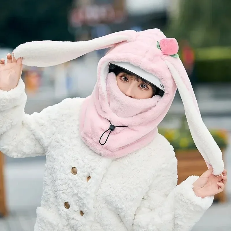 Casco de esquí con orejas de conejo de dibujos animados para niña y mujer, cubierta cómoda y suave, gorro de esquí de ciclismo, gorro de felpa