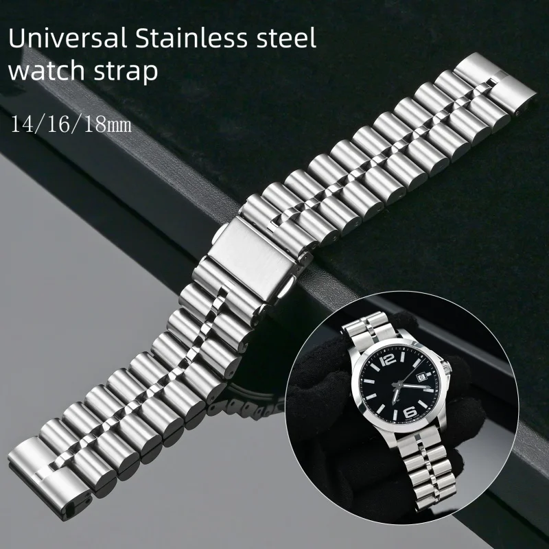 14mm 16mm 18mm Stainless steel watch strap for Longines Tissot watchband Three beads Folding buckle Women's Bracelet Wristband