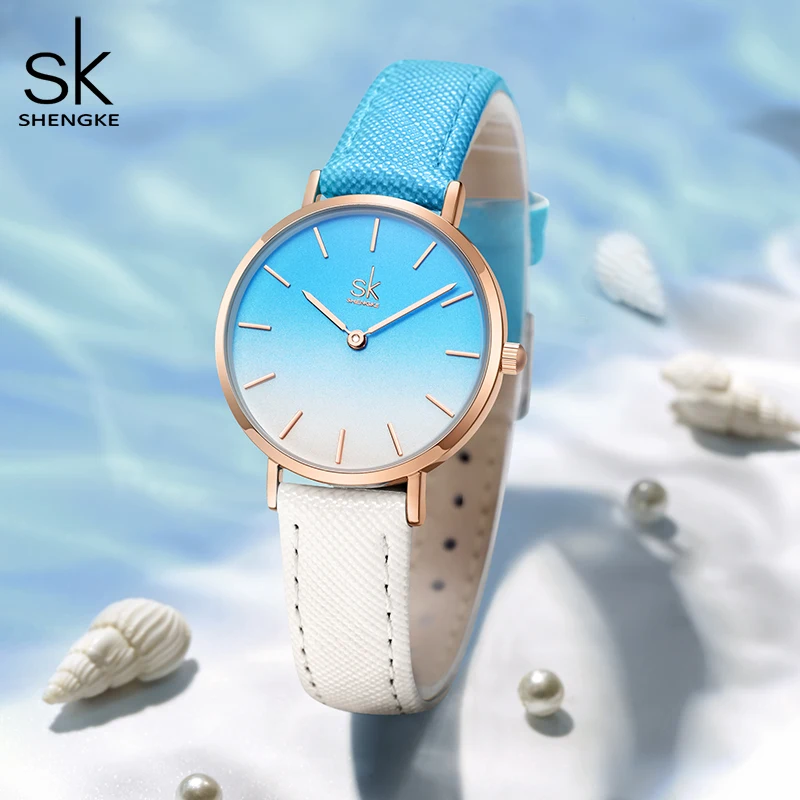 SHENGKE-Reloj de pulsera de cuarzo japonés para mujer, cronógrafo clásico de diseño Simple, resistente al agua, con correa de cuero, color azul,