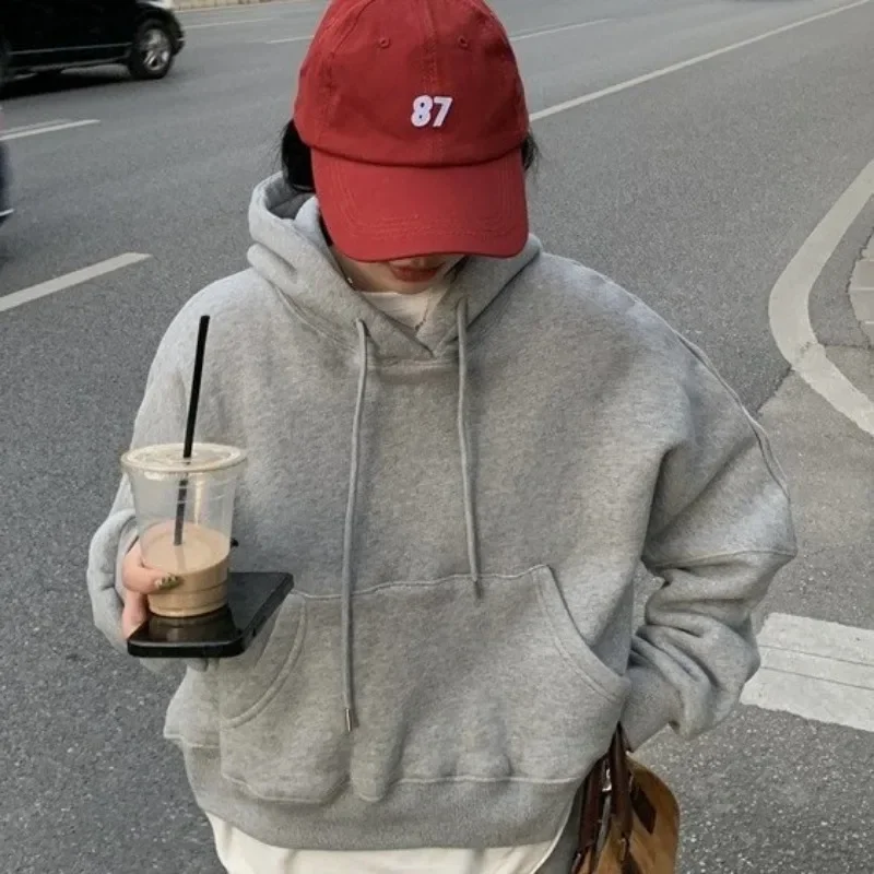 Korean Winter Women Solid Fleece Hoodies Clothing Long Sleeve Tops Loose Pocket Sweatshirt Female Casual Harajuku Pullover Y2k