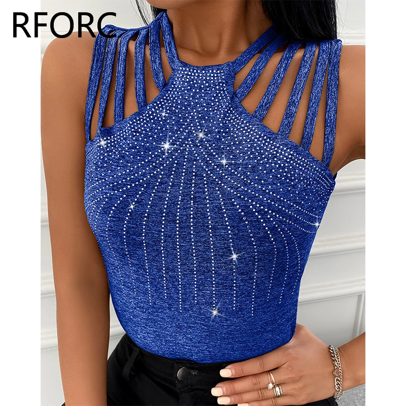 2024 Women Chic Rhinestone Decoration Tank Sleeveless Sexy Camis Crop Tops