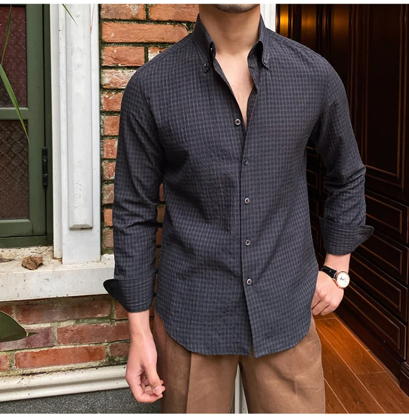 

Men Gentlemen Seersucker Casual Long-sleeved Shirt Retro Breathable Anti Wrinkle Shirt Italian Slimming Trend Camiseta Masculina