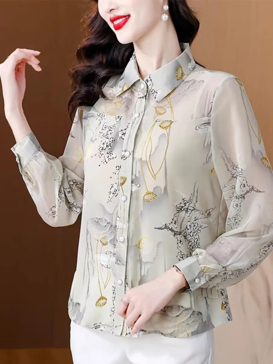 

Retro Oriental Elegant Print Spring Summer Woman Blouse Cardigan Tops Female Turn Down Collar Tee Chiffon Loose Office Sweet