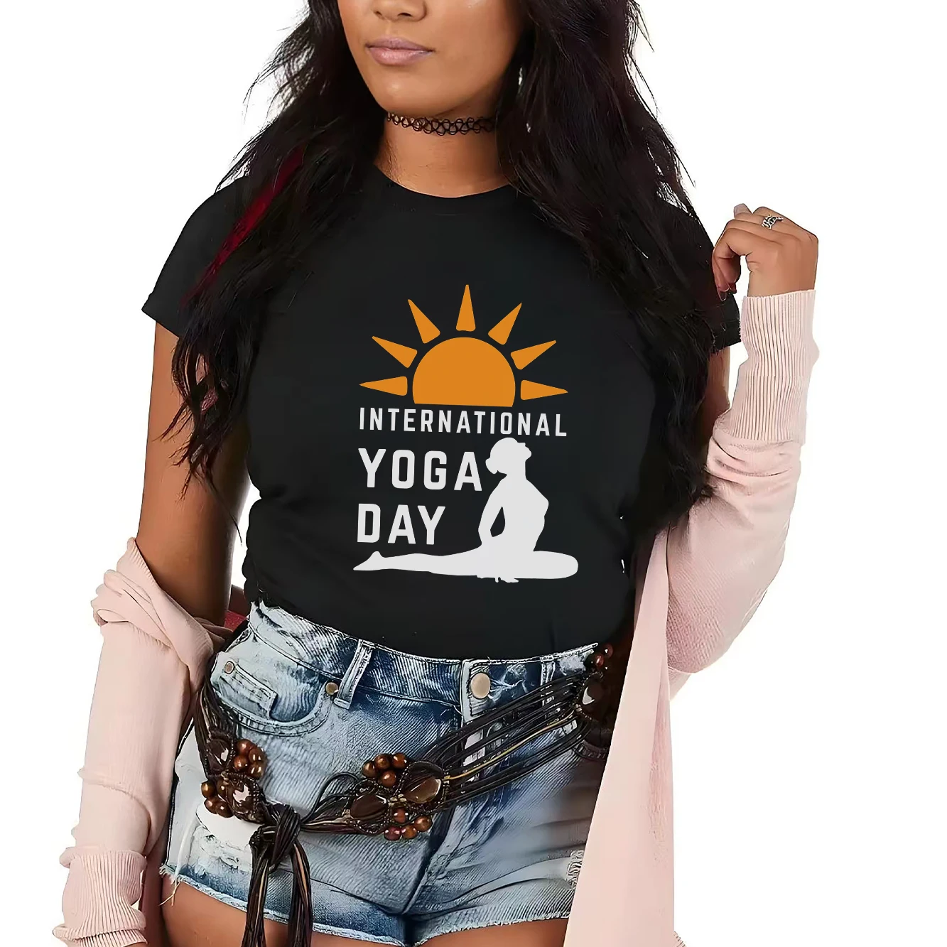 

Здоровый образ жизни начинается с йогой Повседневная женская футболка с короткими рукавами и круглым вырезом с принтом