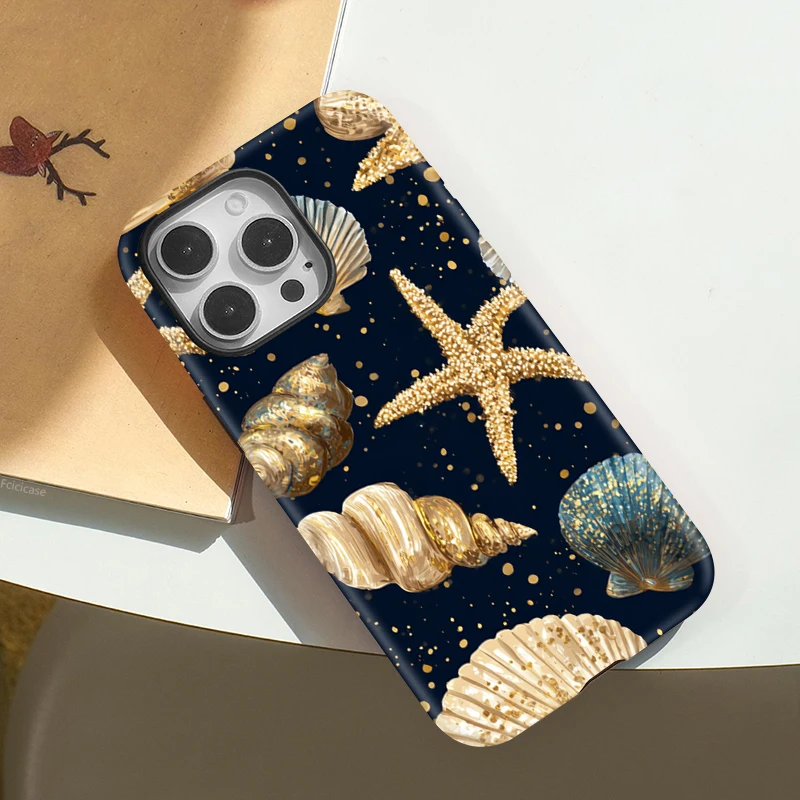 Fcicicase ل MagSafe شحن لاسلكي جراب هاتف آيفون 16 15 زائد 14 13 برو ماكس 12 11 محارة قذيفة نجم البحر نمط غطاء #6