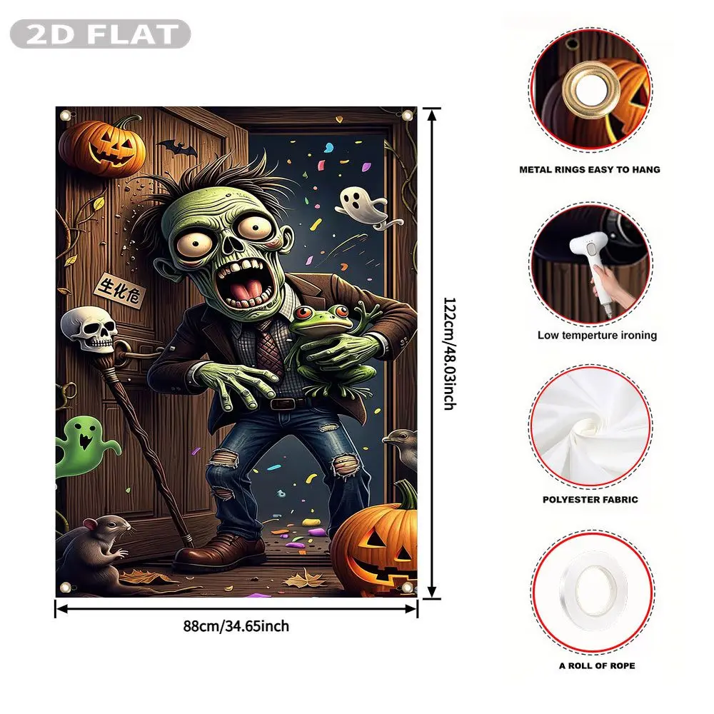 2D FLAT 1pc Party Window Cover Banner, with Zombie Holding Frog Halloween Scene With Pumpkins, No Power Need Home Decor