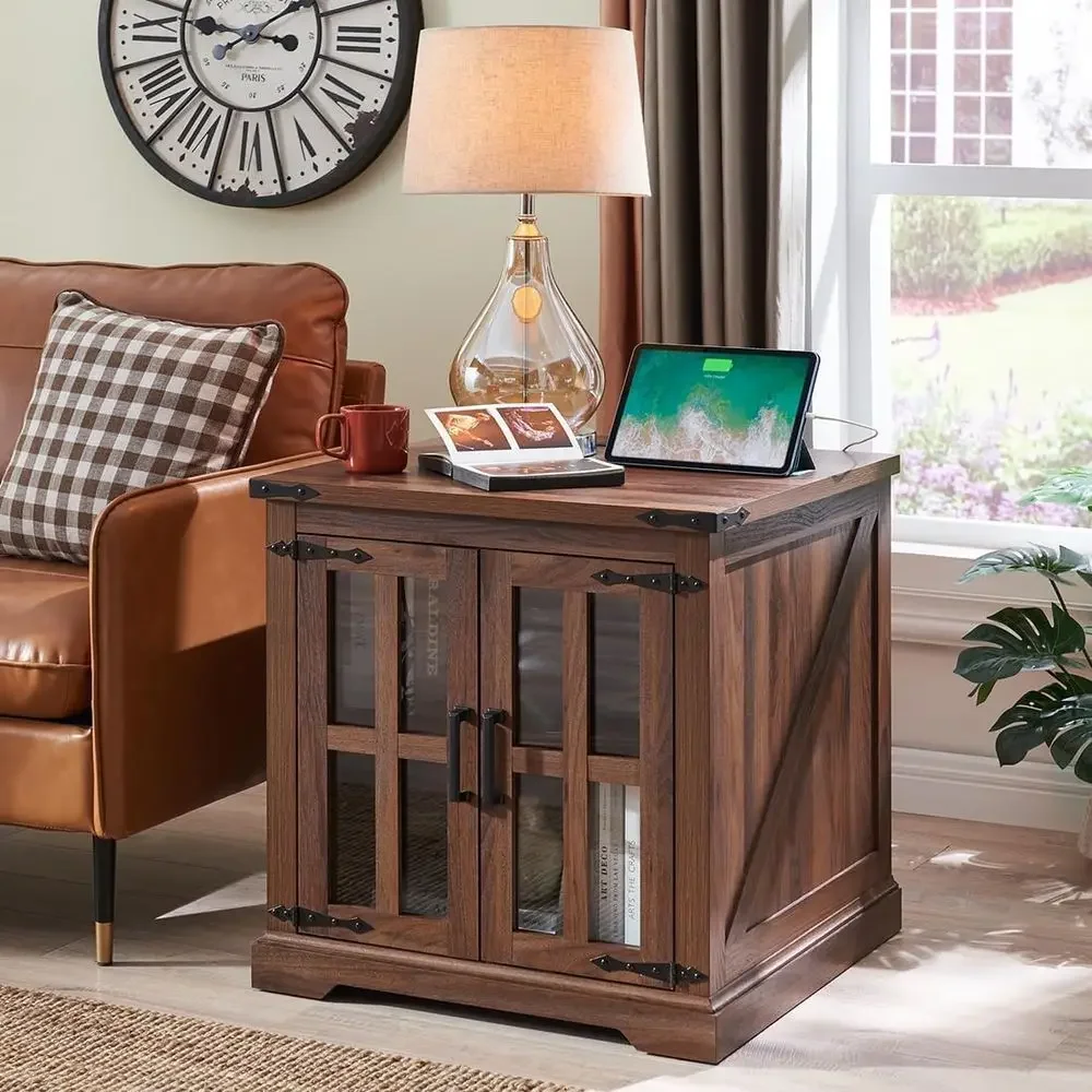 

armhouse End Table with Charging Station,24" Large Soa Side Table with Glass Barn Door, Rustic Wood Nightstand Bede Table with A