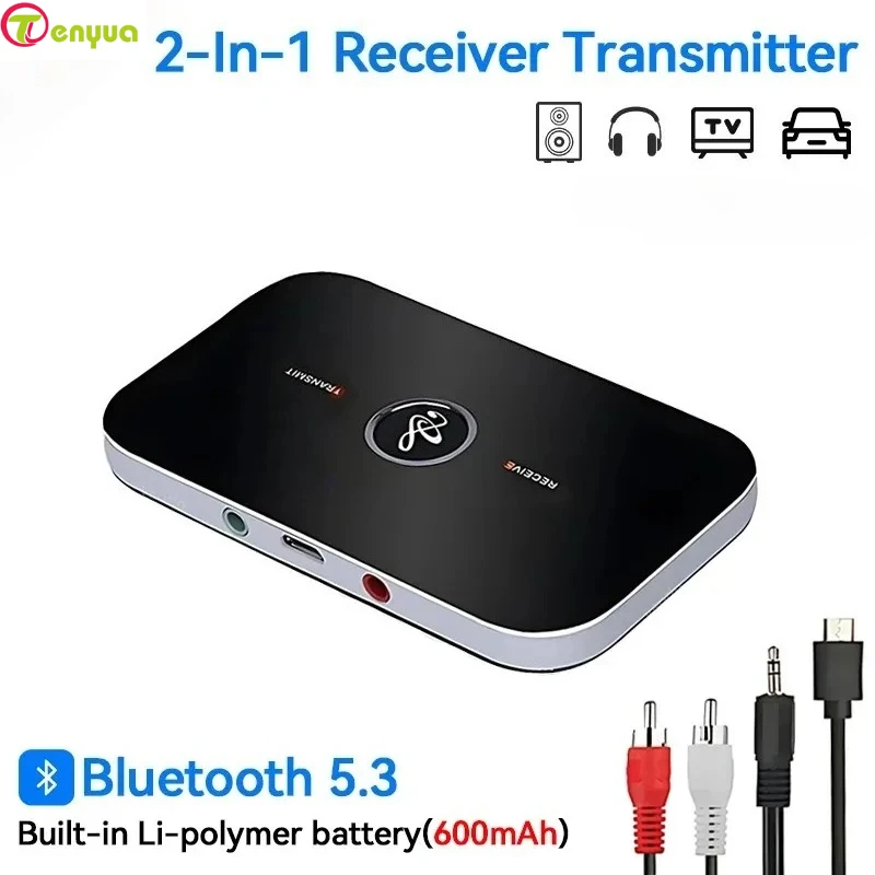 アップグレードされた Bluetooth 5.3 オーディオトランスミッターレシーバー RCA 3.5 ミリメートル AUX 音楽ワイヤレスアダプター 600mah バッテリー車のコンピュータ TV Heaeds