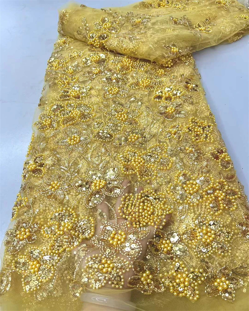 

Top Quality Beads Embroidery French Heavy Lace New African Luxury Nigerian Sequins Mesh Net Lace Fabric For Wedding