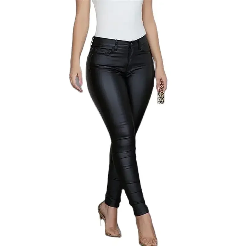 

Fashion Solid Color PU Leather Pants Women Slim Fit Pencil Trousers Female Casual Commuter High Waist Button Splicing Trous 2024