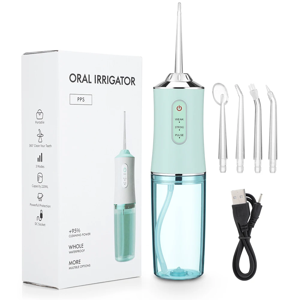 

Portable Oral Irrigator Dental Water Flosser USB Water Jet Floss 4 Jet Tip 220ml 3 Modes IPX7 1400rpm Mouth Washing Machine