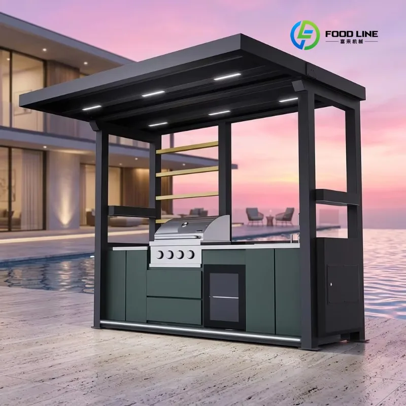 Stainless Steel Outdoor Kitchen Booth Foldable Canopy Mini Bar Fridge for Holiday Resort Hotdog Snack Food Custom