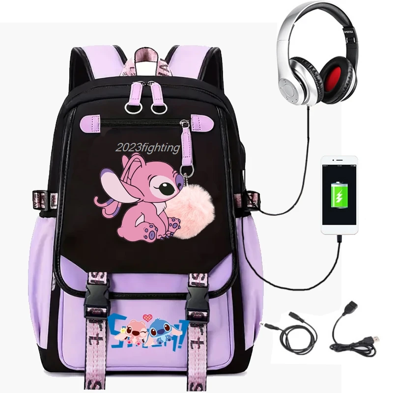 Cartoon Stitch Backpacks Teenager USB Charging Laptop Backpack Women Men Rucksack Travel Bag Patchwork Mochilas