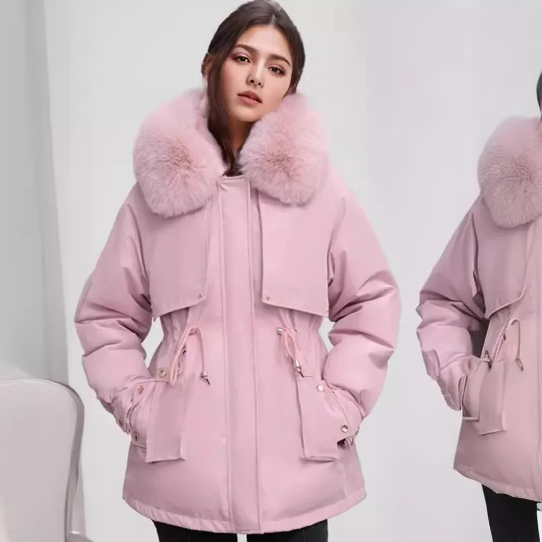 

2025 Women's New Padded Jacket Winter Women's Cotton Jacket Fur Collar Thicken Warm Parkas Coats Female Pure Color Thicken Coats