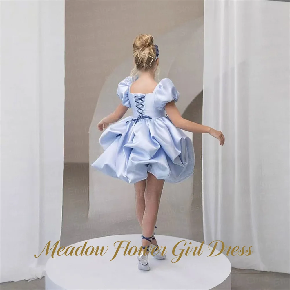 Meadow Light Blue Children Birthday Wedding Dresses Square Neck Puffed Sleeve First Communion Gown   Girls Princess Dress