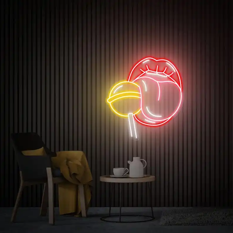 20 inch Lips with Lollipop Neon Sign Red Lip Girl LED Light Tongue Wall Art Home Bedroom Decor Wall Sexy Sex Bar Club Studio