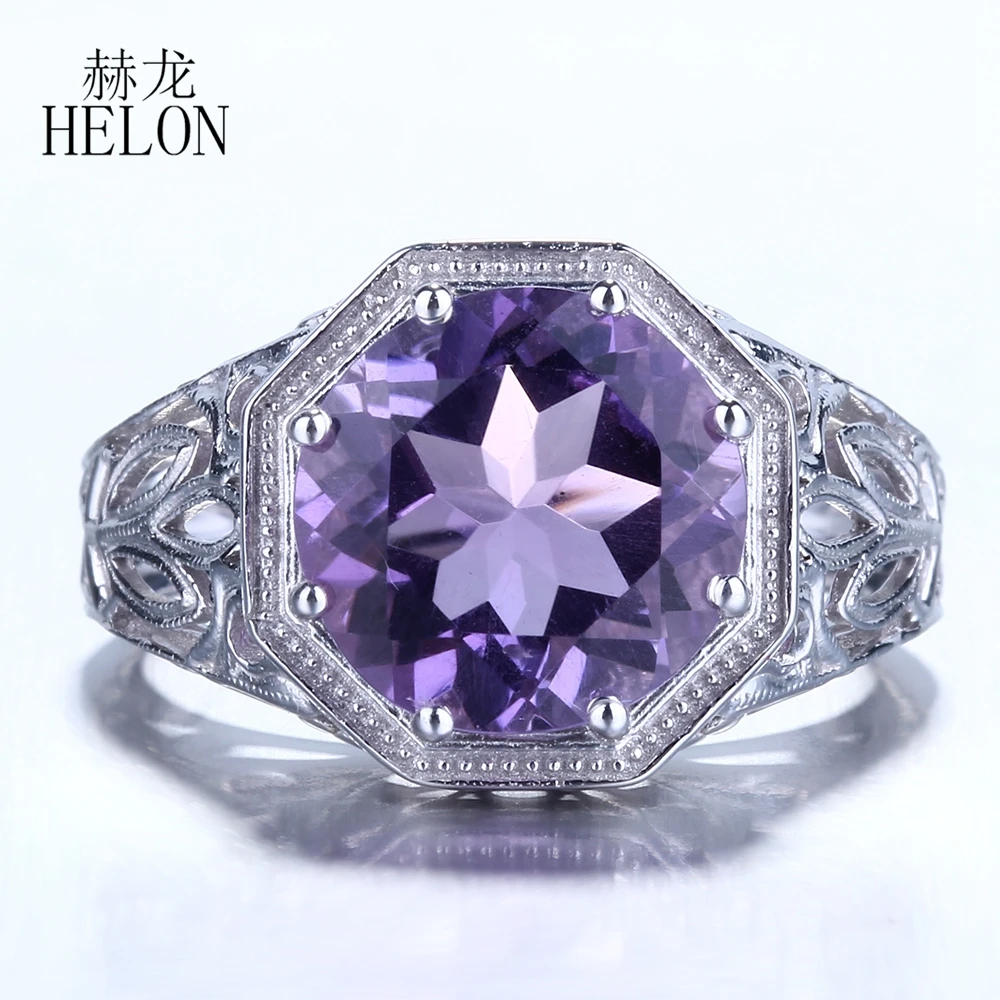 

HELON Women Vintage Fine Jewelry Gemstone Ring Solid 10k White Gold Round 10mm Genuine Natural Amethyst Engagement Ring