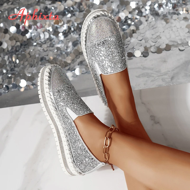 Aphixta Luxury Silver Crystals Flats Women Slip On Red Sexy Platform Casual Women Shoes Sewing Flats Female Rhinestone Loafer