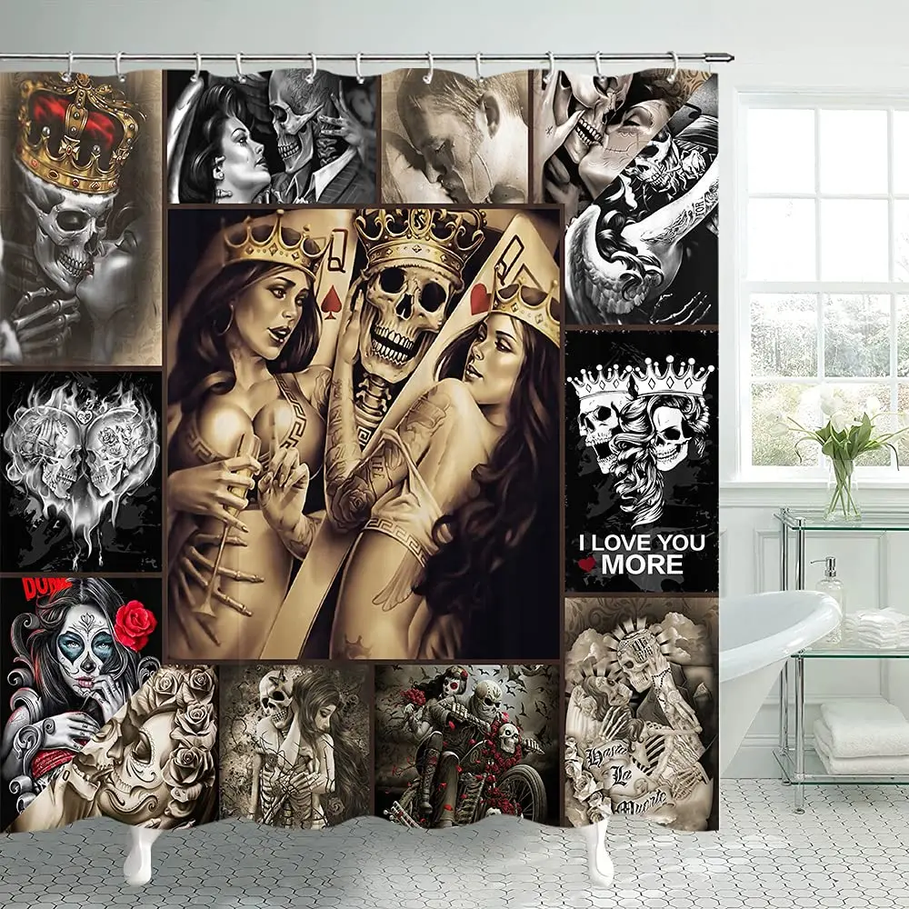 Day of The Dead Couple Shower Curtain for Bathroom Set Mexican Fiesta Dia De Los Muertos Bath Bathtub Decor Set Durable Washable