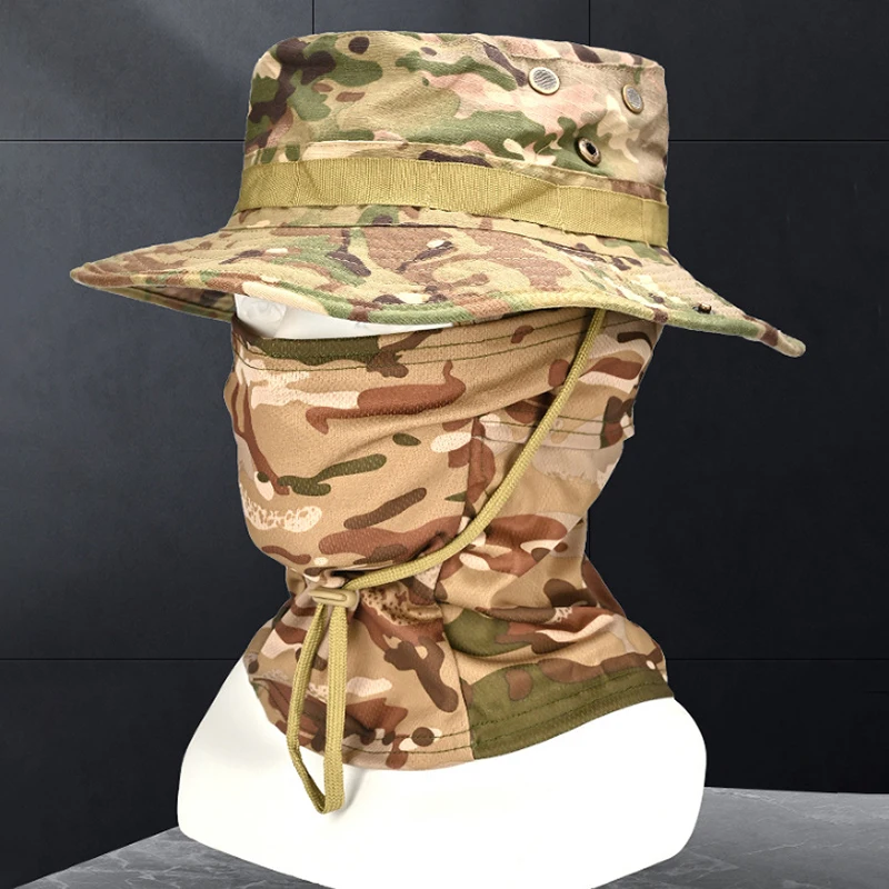 1Set Tactics Camouflage Boonie Cap Balaclava Hat Face Mask Suit Foldable Soft Outdoor Hunting Fishing Wide Brimmed Hat Face Mask image 2
