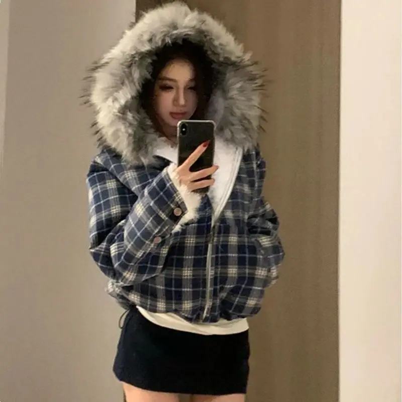 

Gagarich Korean Lazy Style Fur Collar Hooded Jacket Women Fashion Winter New Style with Plush Commuting Style Loose Simple Top
