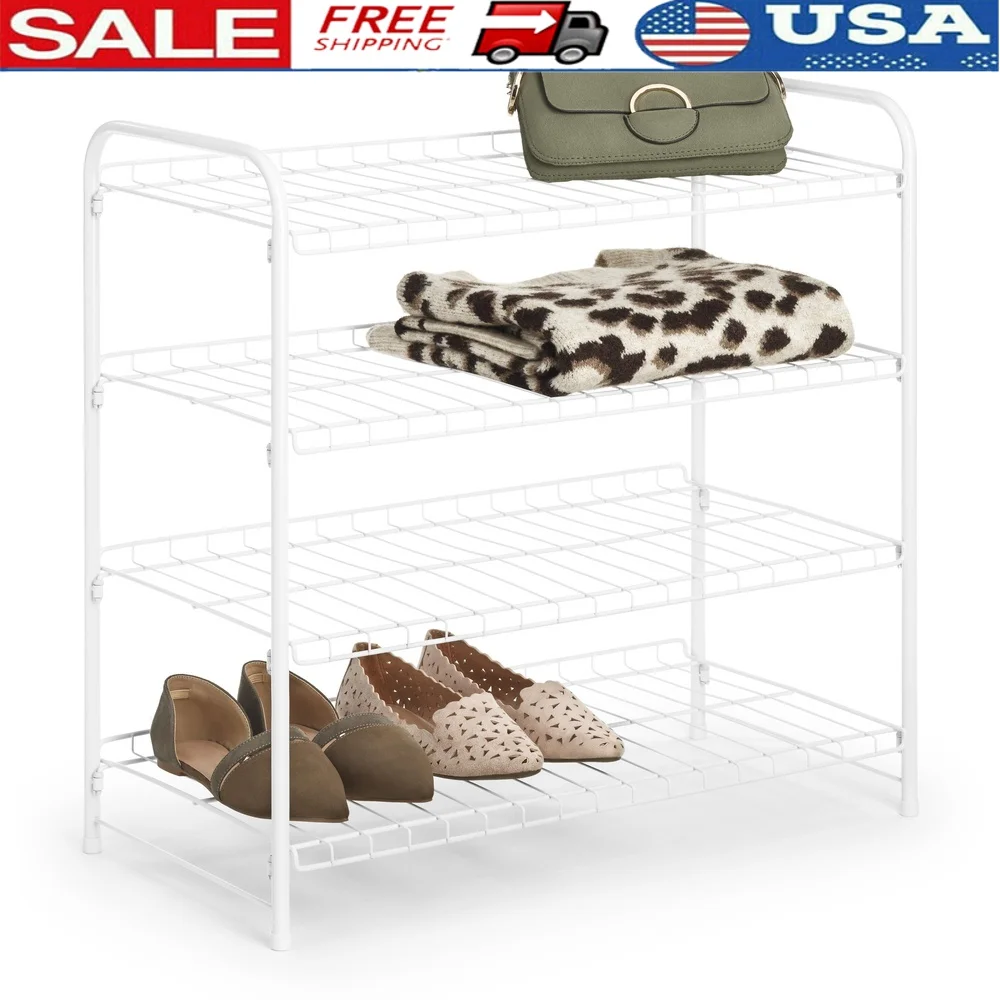 

4 Tier White Wire Closet Organizer Shelves Shoes Bags Baskets Clothes Easy Assembly Versatile Storage Solution Indoor Use