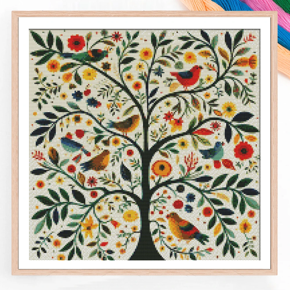 1pc 11ct Cross Stitch Starter Kit Diy Embroidery With Bird Flower Tree Home Office Wall Decor Gift