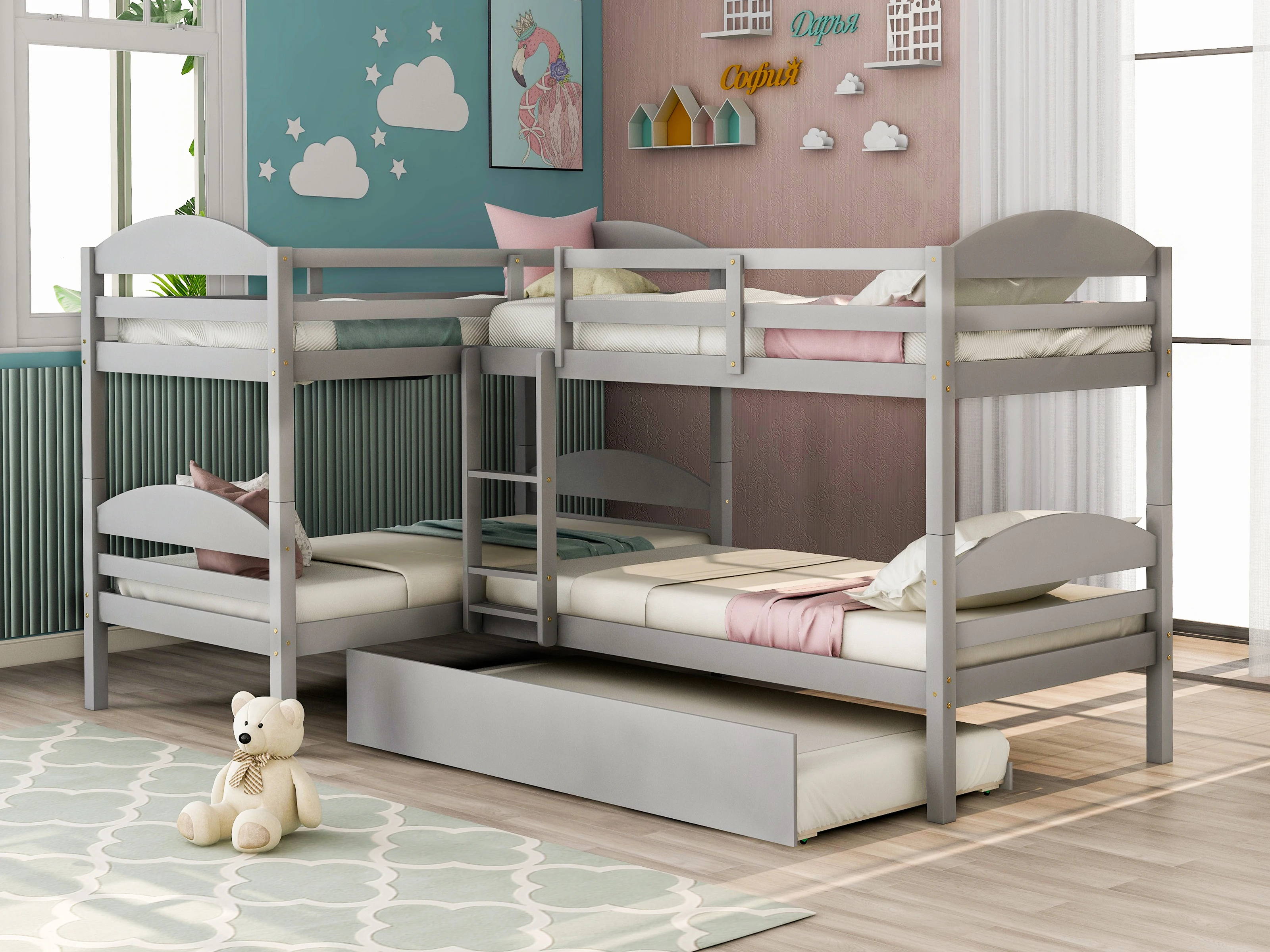 Twin L-Shaped Bunk Bed with Trundle, Gray   119.20x79.50x62.50 in.