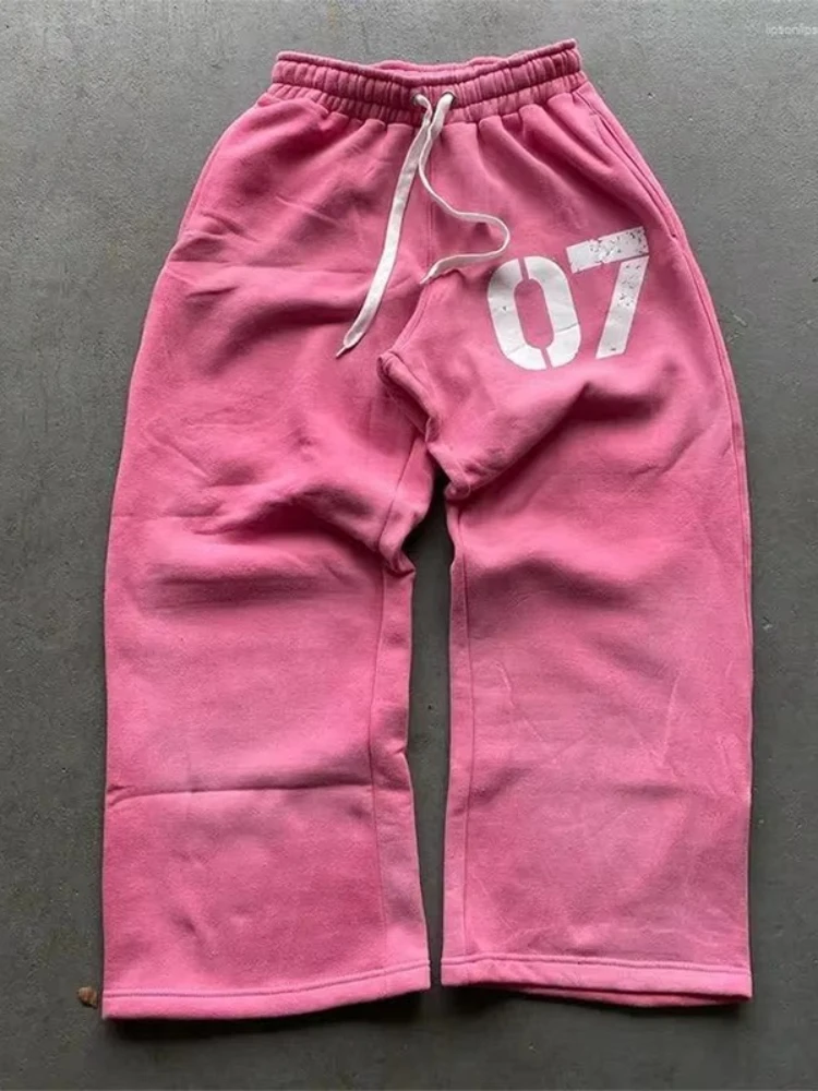 Spodnie dresowe damskie HOUZHOU Y2k z różowym nadrukiem, szare spodnie z szerokimi nogawkami, styl amerykański vintage, męskie spodnie, luźne, hip-hopowe, streetwear