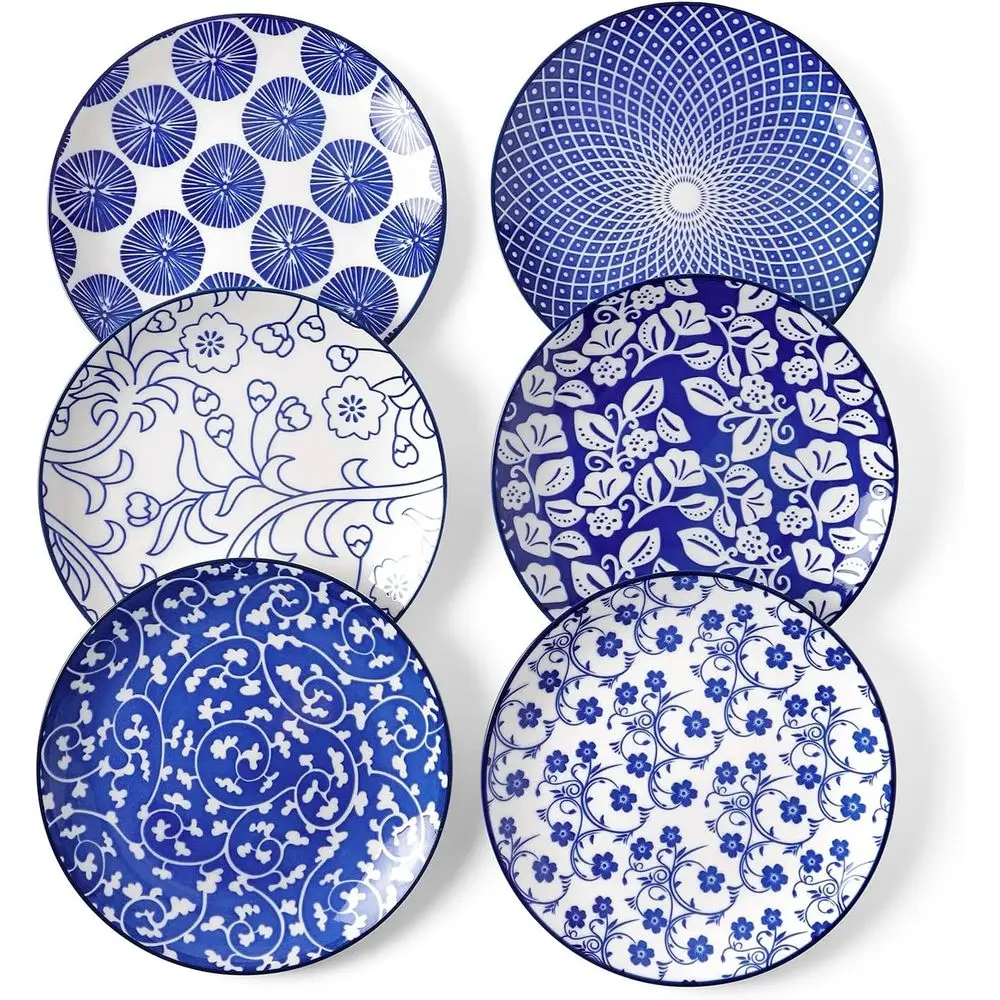 

Ceramic Dessert Plates Set of 6, 6 Inch Appetizer Plates for Kitchen, Microwave & Dishwasher Safe, Vintage Blue