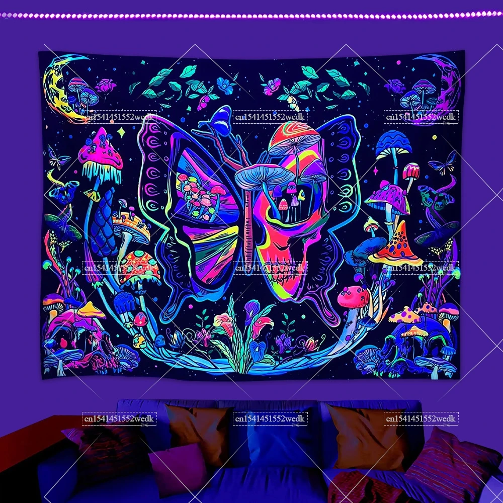 Butterfly Blacklight Tapestry UV Reactive Trippy Neon Tapestry Skull Mushroom Moth Floral Tapestries Aesthetic Room Decor Poster