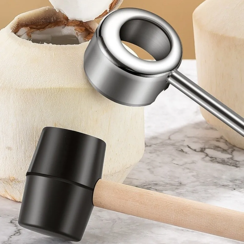 

Stainless Steel Coconut Opener Tools Rubber Hammer Wooden Handle Coconut Puncher Multi-functional Heavy Duty Coconut Breaker Kit