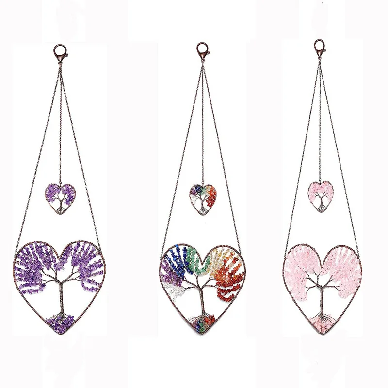 New Love Heart Tree of Life Crystal Hanging Ornament Pendant Chakra Gemstones Yoga Spiritual Meditation Garden Wedding Jewelry