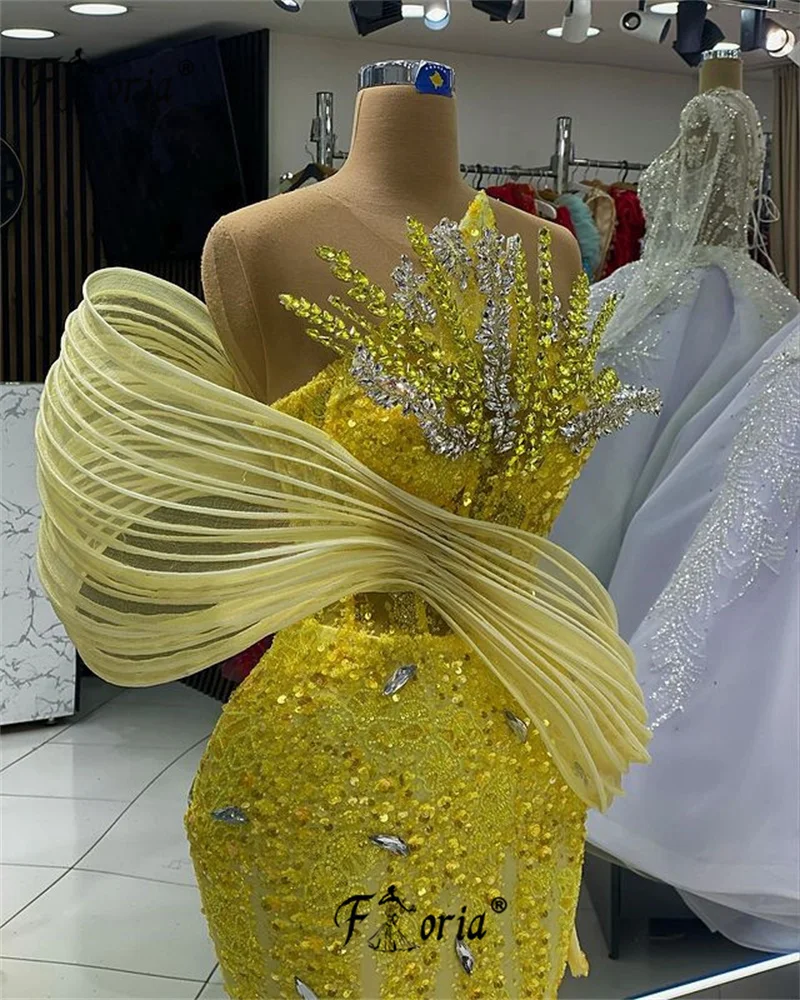 Vestidos de Noche de Dubái con cuentas amarillas elegantes, lentejuelas de cristal, apliques 3D, sirena, baile de graduación, celebridad, vestido de fiesta Formal