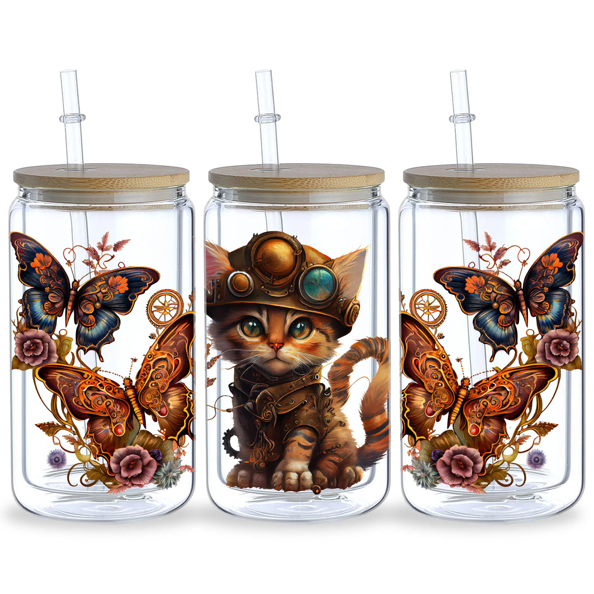 5 Sheets Steampunk Cat UV DTF Cup Wrap,Sport DTF Transfer Stickers for Glass Cup,Waterproof funny Steampunk Alien Rub on