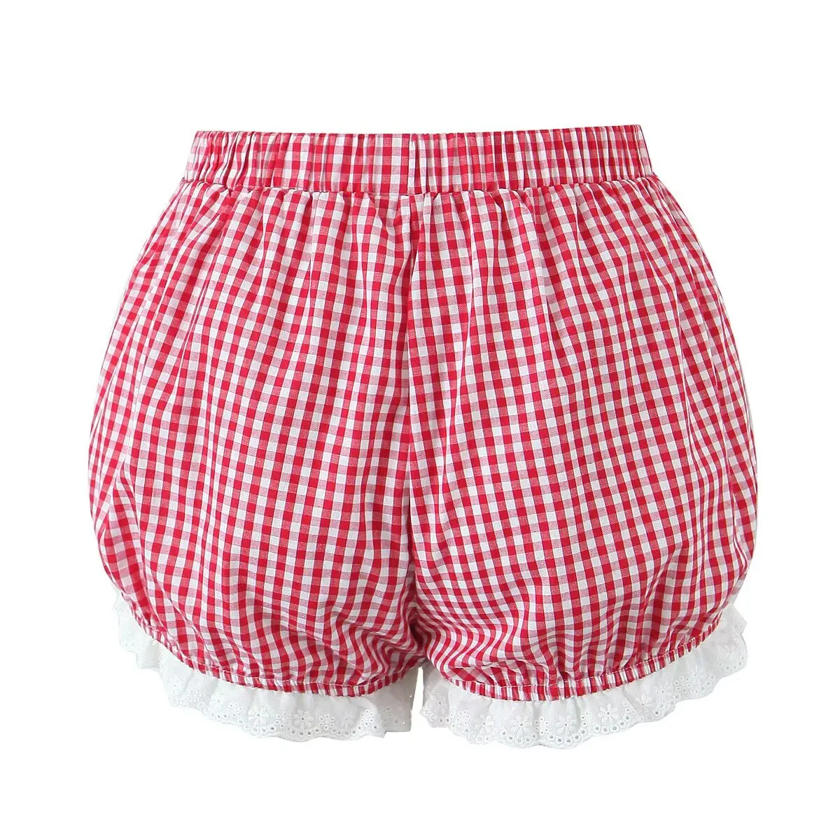 Celana Wanita Motif Kotak-kotak dengan Renda di Pinggang, Model Baru Musim Semi, Kasual, Pinggang Sedang, Bahan Poliester, untuk Musim Panas