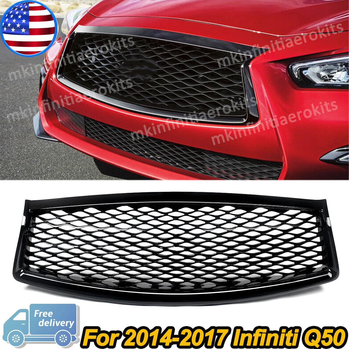 

Передняя решетка, замена для Infiniti Q50 Sedan, 4-дверная решетка 2014 2015 2016 2017, глянцевый черный передний бампер, верхняя решетка, решетка бампера