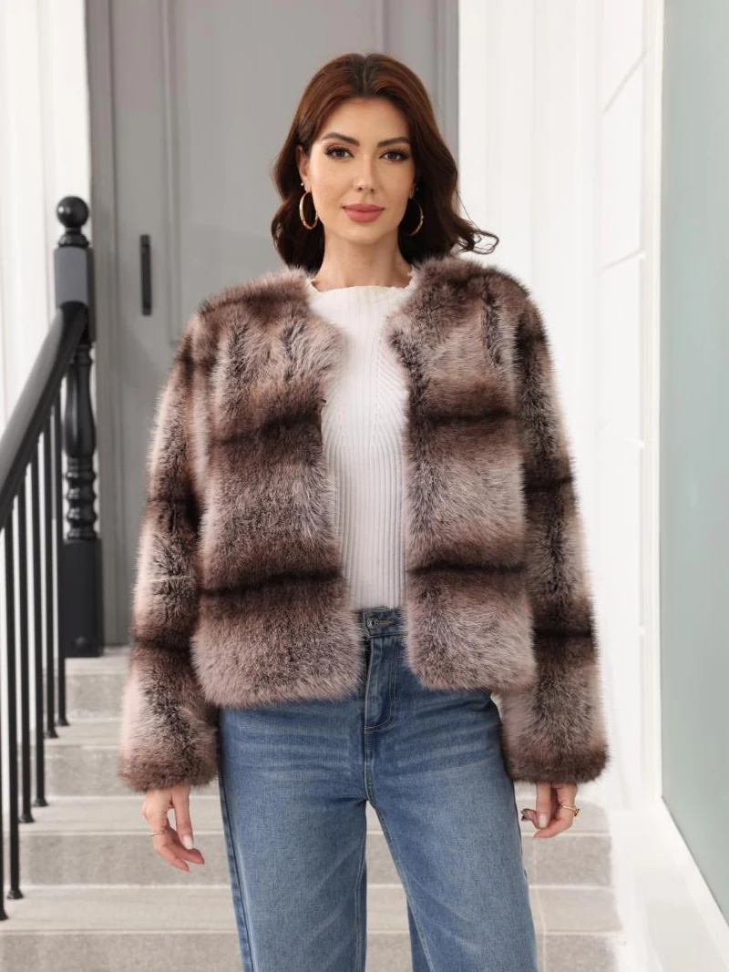 Modischer Kunstpelz-Jackenmantel für Damen, Herbst-Winter, Farbverlauf, gestreifter Pelzmantel, neu in Oberbekleidung, Rundhalsausschnitt, kurze Plüschjacke