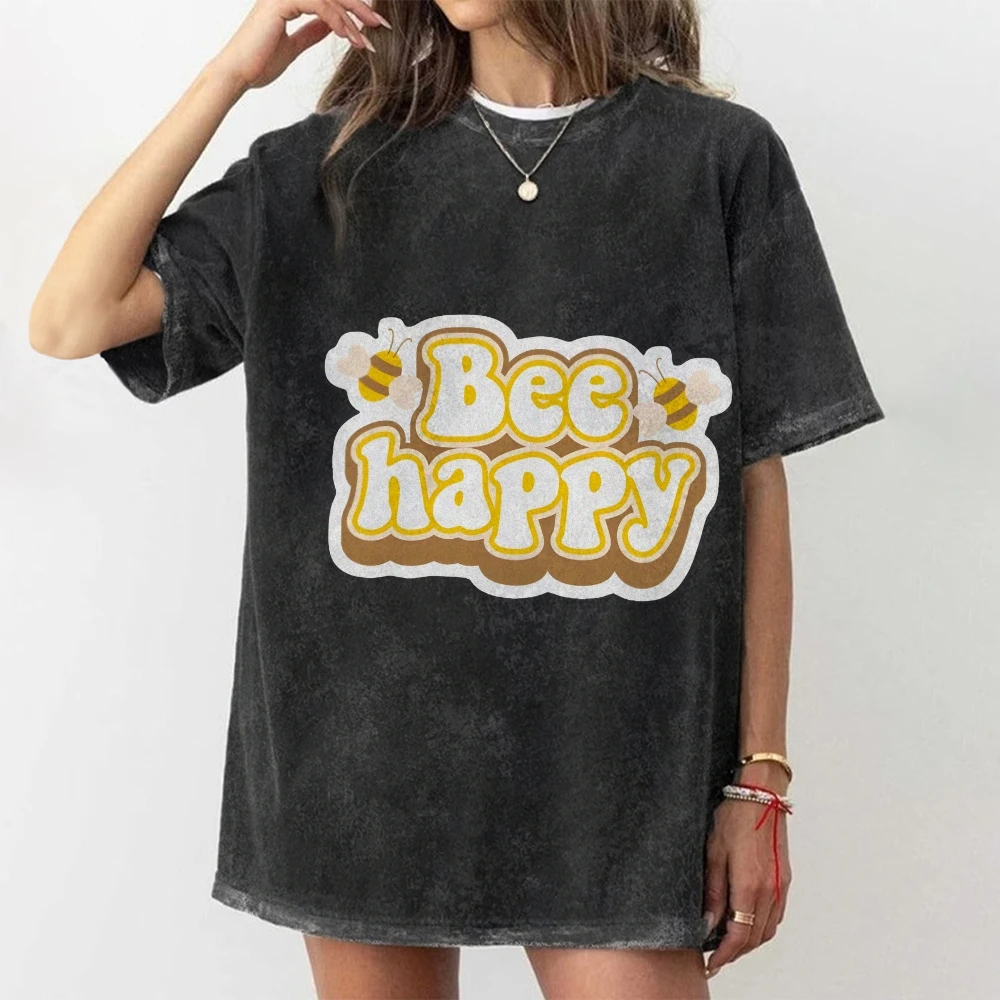 

Футболка с графическим рисунком Bee Happy Slogan Футболка с принтом Веселая стираная хлопковая повседневная одежда Модный дизайн с позитивной способностью Веселая футболка Y2k Vibe