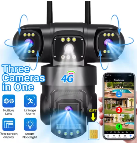 4G-Kamera mit SIM-Karte, 12MP, 6K, Drei Objektive, Drei Bildschirme, Nachtsicht, Sicherheitsschutz, V380 Pro PTZ-Videoüberwachung