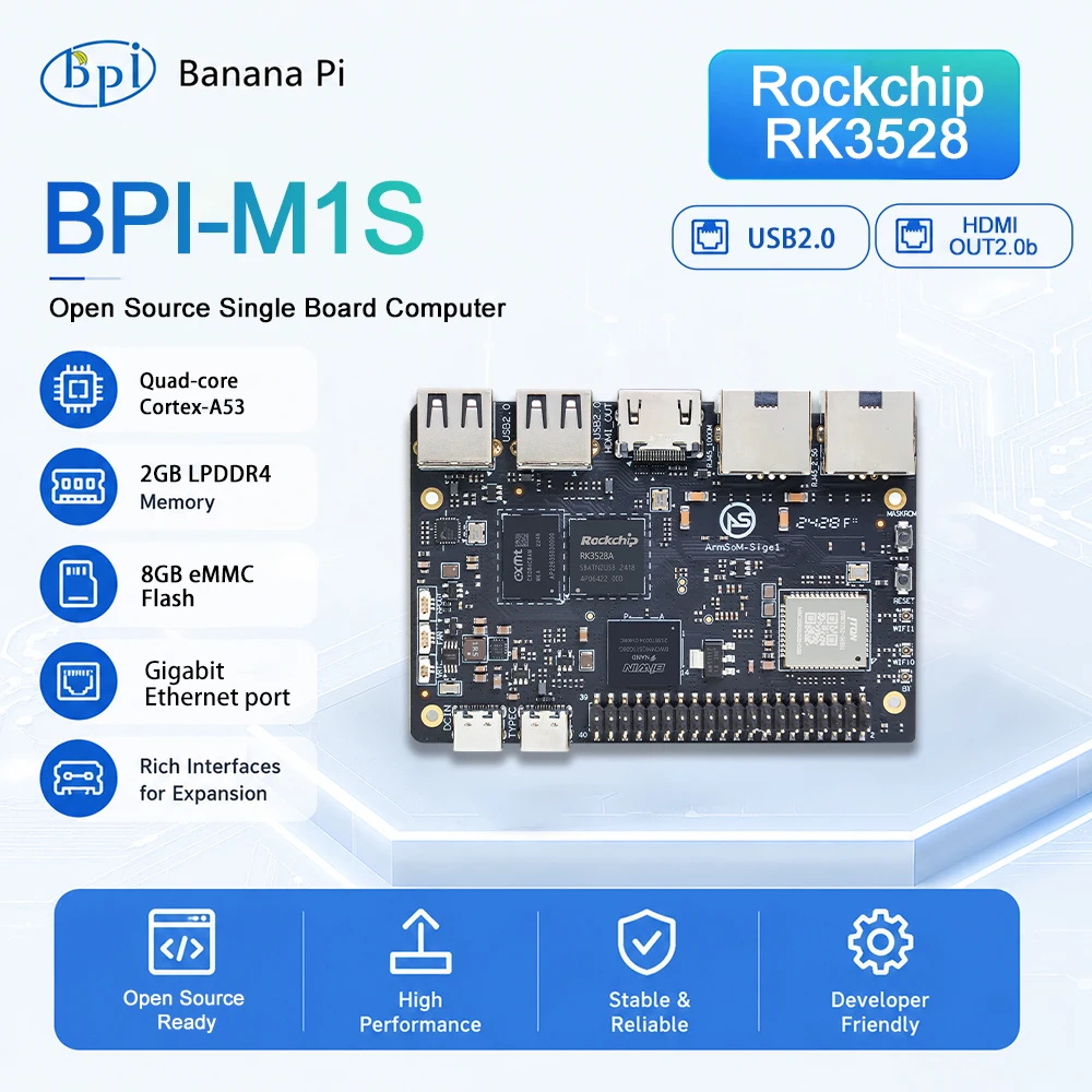 Banana Pi BPI-M1S Rockchip RK3528 Quad-core Cortex-A53 2GB 32-bit LPDDR4x 8GB eMMC 60fps 4K video Smart Single Board Computer