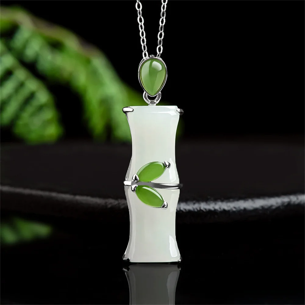 925 Silver Natural White Green HeTian Jade Carved Bamboo Design Pendant Amulet Chain Necklace Certificate Luxury Jade Jewelry