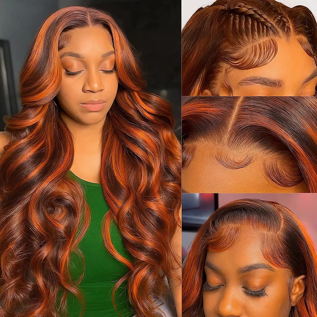 # 4/350 ترقية أومبير براون مزيج الزنجبيل الجسم موجة تسليط الضوء على شعر مستعار الفيتنامية 5x5 الدانتيل الجبهة غلويليس الباروكات شعر الإنسان جاهز لارتداء