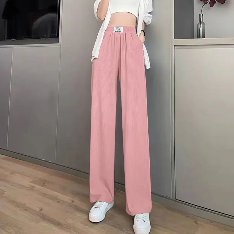 

Korean Style Solid Ice Silk Thin Straight Wide Leg Trousers Female Summer Casual Streetwear High Waist Slim Pants Womens Clothes