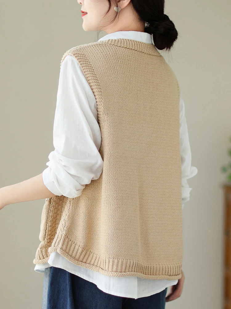 여성용 빈티지 스웨터 조끼, V넥 용수철, 가을 니트 코트, 플로럴 니트웨어, 민소매 아웃웨어, 캐주얼 하라주쿠 데일리 패션