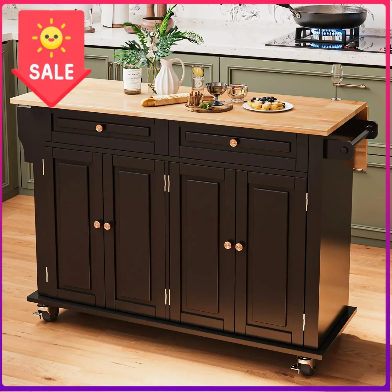 51.2'' Rolling Kitchen Island Cart with Drop Leaf Countertop, Kitchen Carts on Wheels with Storage, 2 Drawers, Towel Rack
